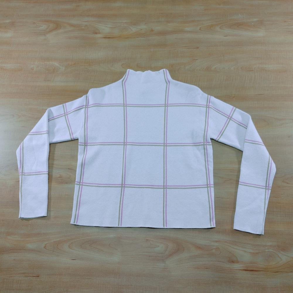 Tahari Mock Neck Plaid Long Sleeve Sweater Top White Pink Green Womens XS